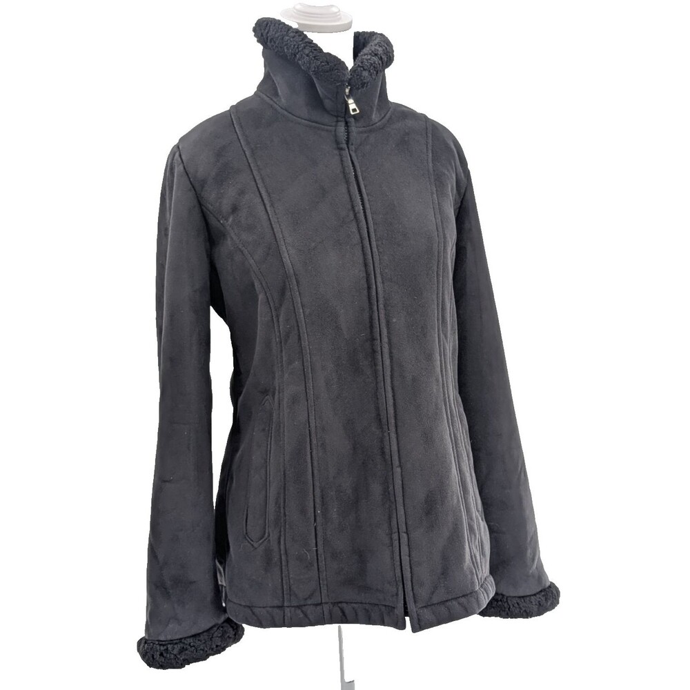 Croft & Barrow Black Faux Fur Suede Sherpa Full Zip Mock Neck Coat Size Medium